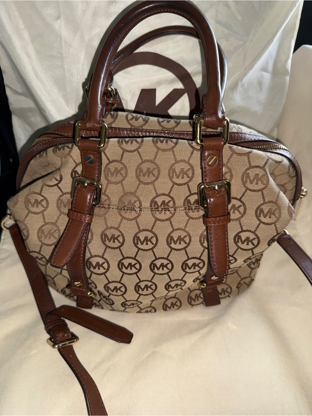 Michael Kors Brown MK Logo Satchel with Leather Trim